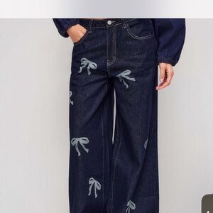 Cider Dark Blue Flare Jeans with Bow Details